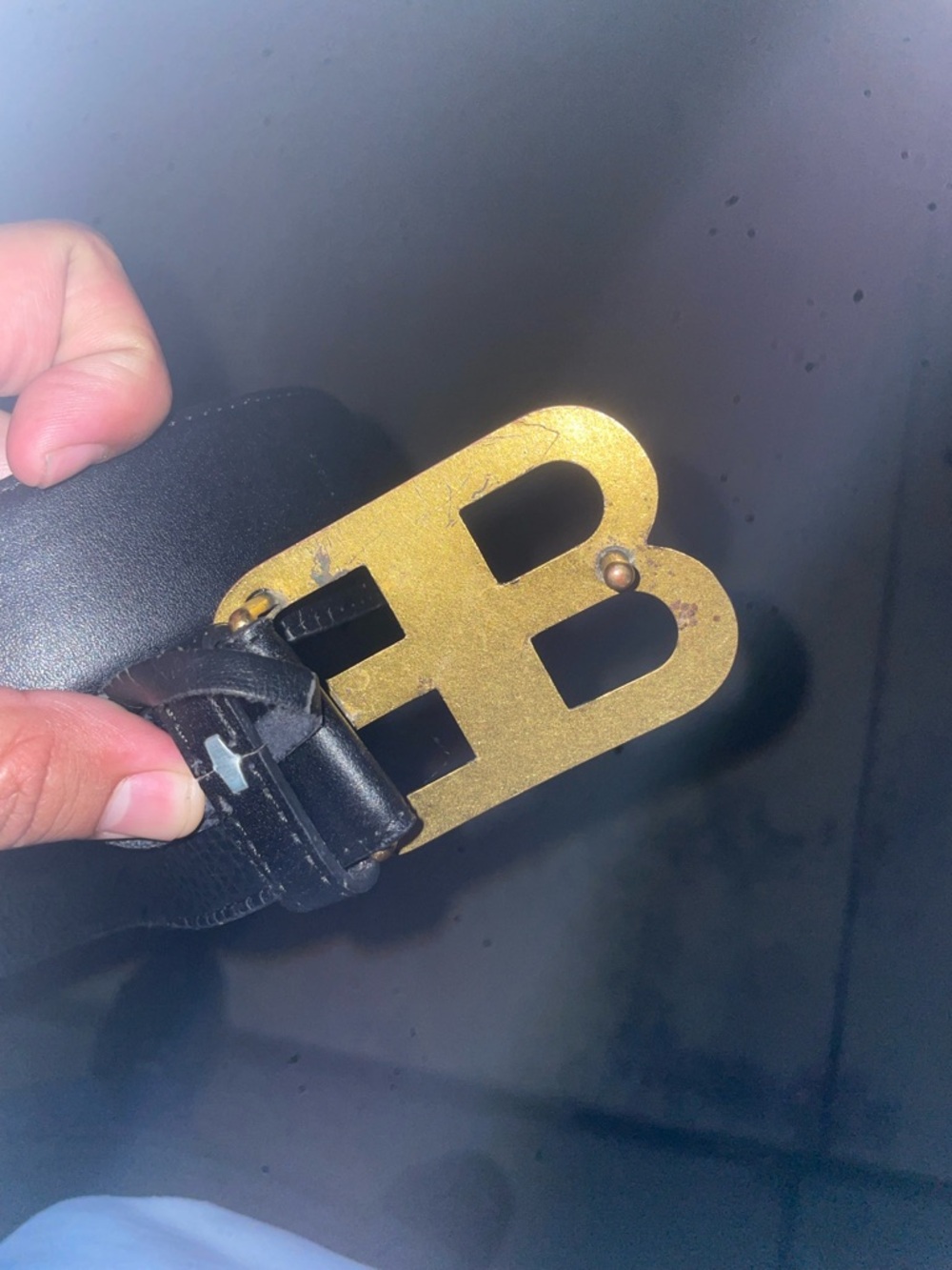 Double bb Black Leather Belt with Antique Gold BB Buckle - Picture 2 of 4